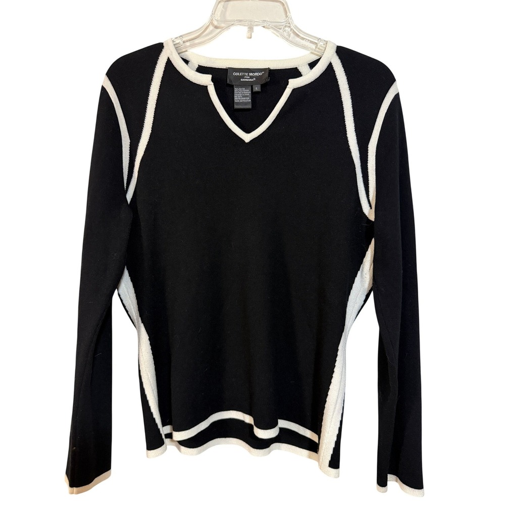 Colette Mordo Sweater Womens Large Black White Contrast Trim Knit V-Neck Top